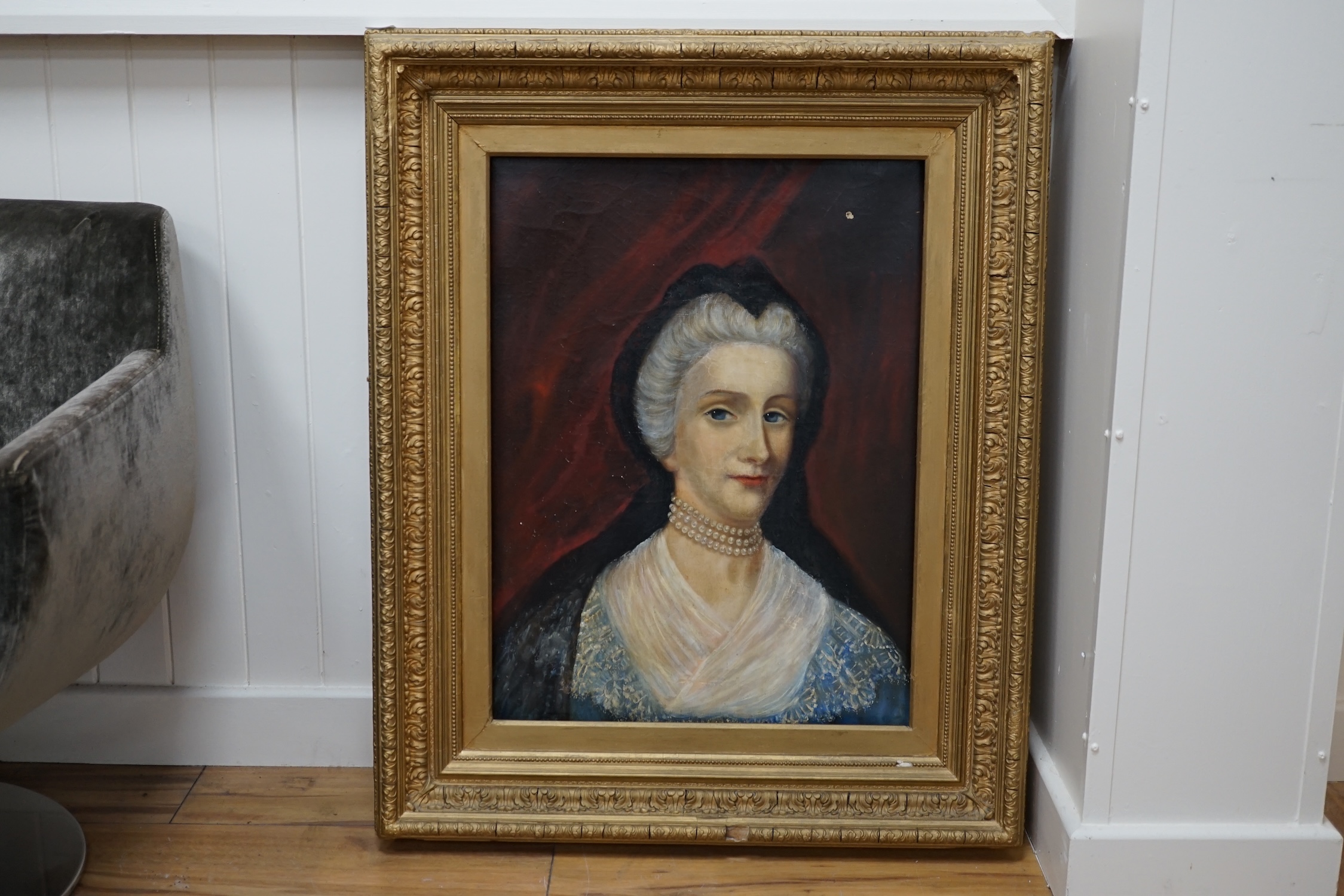 Early 19th century, oil on canvas, Portrait of a lady wearing a black veil and pearl choker necklace, unsigned, 60 x 46cm, ornate gilt frame. Condition - poor, canvas dirty and hole to upper right corner